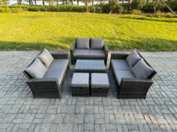 Fimous 6Pc Rattan Sofa Garden Furniture Outdoor Patio Set With 2 Small Footstools Double Seat Sofa Dark Grey Mixed - thumbnail 1