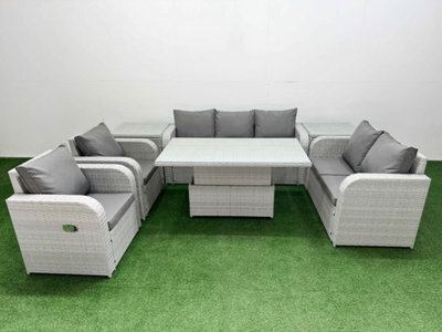 Fimous Pe Rattan Garden Furniture Set Reclining Chair Sofa Set Adjustable Lifting Dining Or Coffee Table 2 Side Table Light Grey - image 1