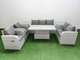 Fimous Pe Rattan Garden Furniture Set Reclining Chair Sofa Set Adjustable Lifting Dining Or Coffee Table 2 Side Table Light Grey - thumbnail 1