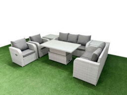 Fimous Pe Rattan Garden Furniture Set Reclining Chair Sofa Set Adjustable Lifting Dining Or Coffee Table 2 Side Table Light Grey - thumbnail 2