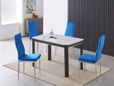 Furnizone UK Milano 4-Seater White Marble-Effect Glass Dining Table And 4 Monza Blue Velvet Chairs - image 1