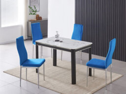 Furnizone UK Milano 4-Seater White Marble-Effect Glass Dining Table And 4 Monza Blue Velvet Chairs