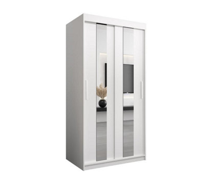 Arte Elegant White Pole Sliding Door Wardrobe W1000mm H2000mm D620mm - Mirrored Storage With Silver Handles - image 1