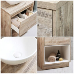 Homestylestore Light Oak 600mm Bathroom Vanity Unit Oval Chalk Countertop Basin Open Shelf - thumbnail 2