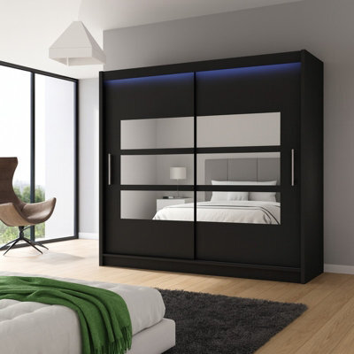 Bega Iii 180Cm Wardrobe With Hanging Rail Sliding Doors Shelves And Mirror Storage Black With Led Lights - image 1