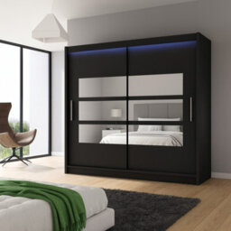 Bega Iii 180Cm Wardrobe With Hanging Rail Sliding Doors Shelves And Mirror Storage Black With Led Lights - thumbnail 1