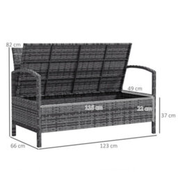 Outsunny Rattan Garden Bench W/ 125L Storage, Cushioned Outdoor Bench, Grey - thumbnail 3