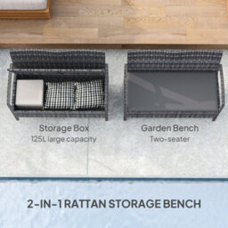Outsunny Rattan Garden Bench W/ 125L Storage, Cushioned Outdoor Bench, Grey - thumbnail 4