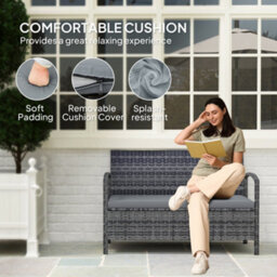Outsunny Rattan Garden Bench W/ 125L Storage, Cushioned Outdoor Bench, Grey - thumbnail 6