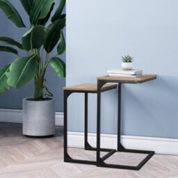 Urbn-Living Urbnliving Height 65Cm Large Size And Small 56.5 Cm Size Seville Modern Wooden Metal Colour Oak Frame Side End Table Nesting Coffe - thumbnail 2
