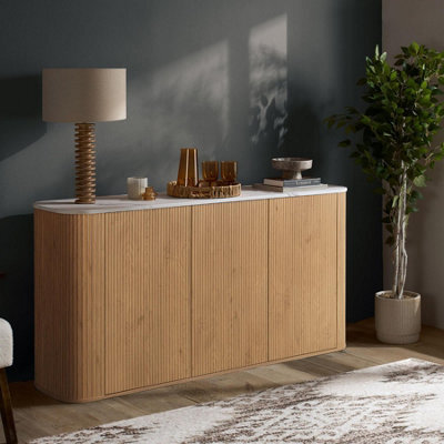 Birlea Kagu 3 Door Sideboard Fluted Ribbed Oak & Marble Effect - image 1