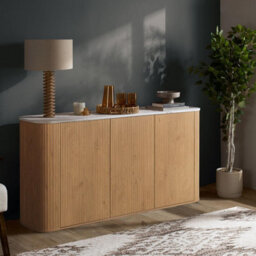 Birlea Kagu 3 Door Sideboard Fluted Ribbed Oak & Marble Effect - thumbnail 1