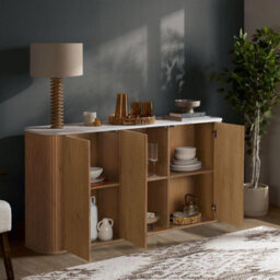 Birlea Kagu 3 Door Sideboard Fluted Ribbed Oak & Marble Effect - thumbnail 2