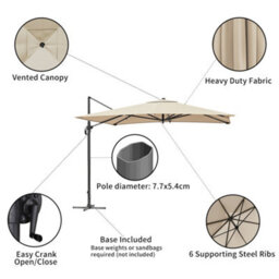 Living And Home 3M Large Square Canopy Rotatable Tilting Garden Rome Umbrella Cantilever Parasol With Cross Base, Beige - thumbnail 5