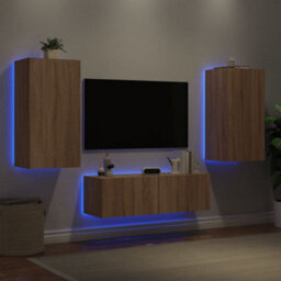 Berkfield 3 Piece Tv Wall Cabinets With Led Lights Sonoma Oak - thumbnail 1