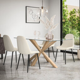 More4Homes Etta Glass Dining Table And Chairs - Glass Top W Solid Oak Legs + Maya Boucle Dining Chair Set Of 4 (Ivory White) - thumbnail 1