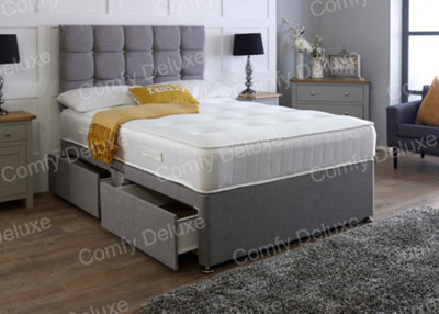 Comfy Deluxe Grey   Linen 4Ft6  Double Divan Bed Set Headboard With Mattress - 2 Drawers One Each Side