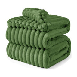 Velosso Luxurious Faux Rabbit Fur Throw Blanket In Chunky Ribbed Design For Sofa, Bed, Couch - Plush, 150Cm X 200Cm - Olive