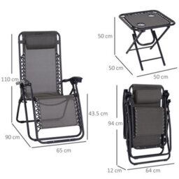Outsunny 3Pc Zero Gravity Chairs Sun Lounger Table Set W/ Cup Holders Dark Grey - thumbnail 3