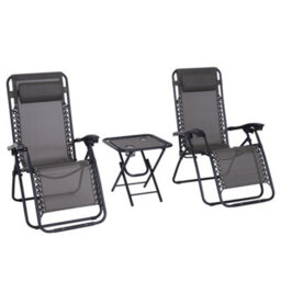 Outsunny 3Pc Zero Gravity Chairs Sun Lounger Table Set W/ Cup Holders Dark Grey - thumbnail 2