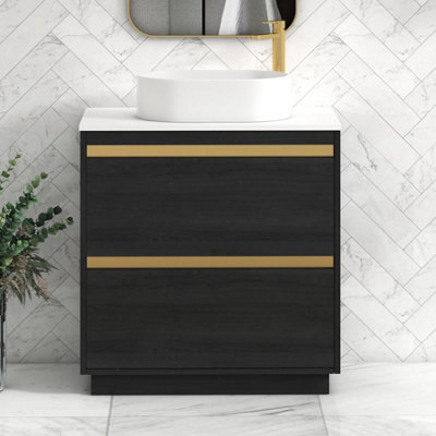 Royal Bathrooms Orion 800mm Hale Black Floor Standing Plain White Countertop Vanity Unit 2 Drawer With Peak Basin & Brushed Brass Accent Trim - image 1