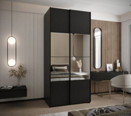 Arte Stylish Black Trosa Iv Sliding Door Wardrobe H2450mm W1100mm D640mm Mirrored Doors, Six Shelves, Hanging Rail, Steel Handles - thumbnail 2