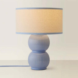 Valuelights Gemma Linen With Blue Trim Shade Stacked Ribbed Blue Glazed Table Lamp With Bulb - thumbnail 4