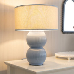 Valuelights Gemma Linen With Blue Trim Shade Stacked Ribbed Blue Glazed Table Lamp With Bulb - thumbnail 1