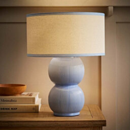 Valuelights Gemma Linen With Blue Trim Shade Stacked Ribbed Blue Glazed Table Lamp With Bulb - thumbnail 2