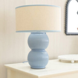 Valuelights Gemma Linen With Blue Trim Shade Stacked Ribbed Blue Glazed Table Lamp With Bulb - thumbnail 3