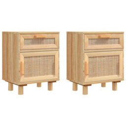 Vidaxl Bedside Cabinets 2 Pcs Brown Solid Wood Pine And Natural Rattan - thumbnail 2