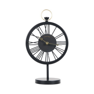Biznest Tabletop Clock Black Body Roman Numerals Quartz Movement Vintage Open-Frame Desk Design Gold Hand Home Mantel Deco 32X20Cm - image 1