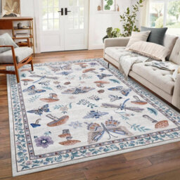 London Boutique 140X200Cm Mushroom Butterfly Area Rug, Washable Non-Slip Low Pile Carpet For Nursery, Bedroom, Living Room, Beige - thumbnail 2