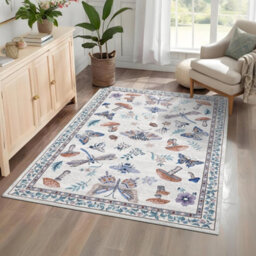 London Boutique 140X200Cm Mushroom Butterfly Area Rug, Washable Non-Slip Low Pile Carpet For Nursery, Bedroom, Living Room, Beige