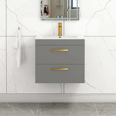 Royal Bathrooms Turin Indigo Grey Gloss 600mm Wall Hung Vanity Unit 2 Drawer With Minimalist Basin Sink & Brushed Brass Handles - image 1