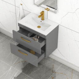 Royal Bathrooms Turin Indigo Grey Gloss 600mm Wall Hung Vanity Unit 2 Drawer With Minimalist Basin Sink & Brushed Brass Handles - thumbnail 5