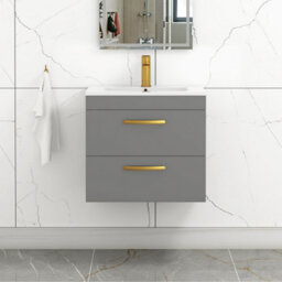 Royal Bathrooms Turin Indigo Grey Gloss 600mm Wall Hung Vanity Unit 2 Drawer With Minimalist Basin Sink & Brushed Brass Handles