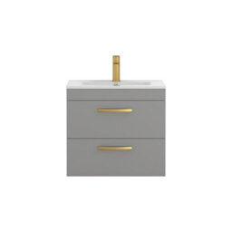 Royal Bathrooms Turin Indigo Grey Gloss 600mm Wall Hung Vanity Unit 2 Drawer With Minimalist Basin Sink & Brushed Brass Handles - thumbnail 6