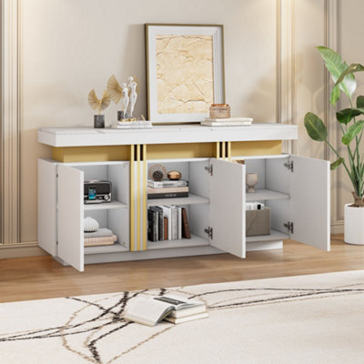 Abrihome 55 Inch White Gold Buffet Sideboard With Faux Marble Top, Luxury Storage Cabinet With 3 Doors And Adjustable Shelves For Kitchen - image 1
