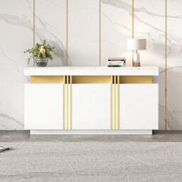 Abrihome 55 Inch White Gold Buffet Sideboard With Faux Marble Top, Luxury Storage Cabinet With 3 Doors And Adjustable Shelves For Kitchen - thumbnail 2