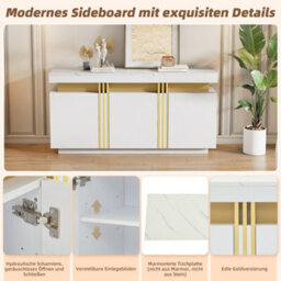Abrihome 55 Inch White Gold Buffet Sideboard With Faux Marble Top, Luxury Storage Cabinet With 3 Doors And Adjustable Shelves For Kitchen - thumbnail 3