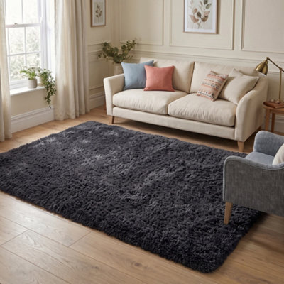 Oxford Homeware Shaggy Rug Anti-Slip Washable Soft Fluffy Living Room And Bedroom Rug (Black, 120X170Cm) - image 1