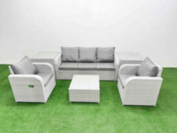 Fimous Pe Rattan Garden Furniture Set Reclining Chair Sofa Lounge Sofa Set Square Coffee Table 2 Side Table Light Grey - thumbnail 2