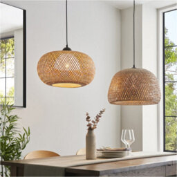 Loops Hanging Ceiling Pendant Light - Dome Natural Bamboo White Pc & Matt Black - 10W Led E27 - thumbnail 4