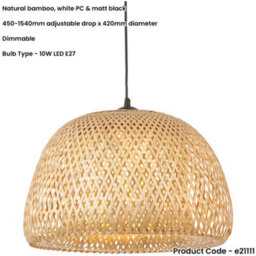 Loops Hanging Ceiling Pendant Light - Dome Natural Bamboo White Pc & Matt Black - 10W Led E27 - thumbnail 2