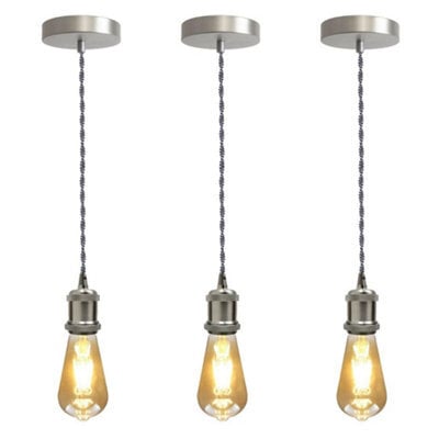 Vintage E27 Pendant Light Fitting  Satin Nickel Hanging Ceiling Lamp Kit With Twisted Fabric 2M Cable Pack Of 3 - image 1