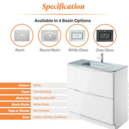 Plum&clay Eden Gloss White Floorstanding Vanity Unit With White Glass Basin (W)900mm - thumbnail 7