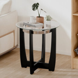 Gainoom Black Glass End Table 61Cm Round Side Table With Tempered Glass Top - thumbnail 4