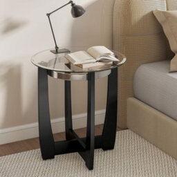 Gainoom Black Glass End Table 61Cm Round Side Table With Tempered Glass Top - thumbnail 3