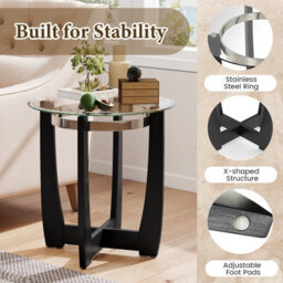 Gainoom Black Glass End Table 61Cm Round Side Table With Tempered Glass Top - thumbnail 6
